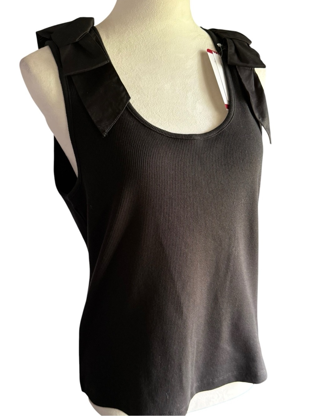 French Connection Black Ribbed Tank with Shoulder Bows